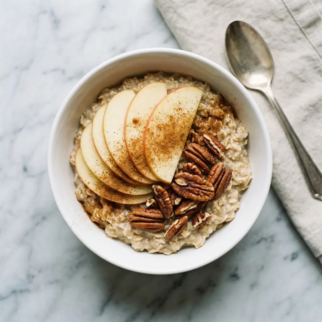 An overhead view of a beautifully presented bowl of apple cinnamon oatmeal with toppings.