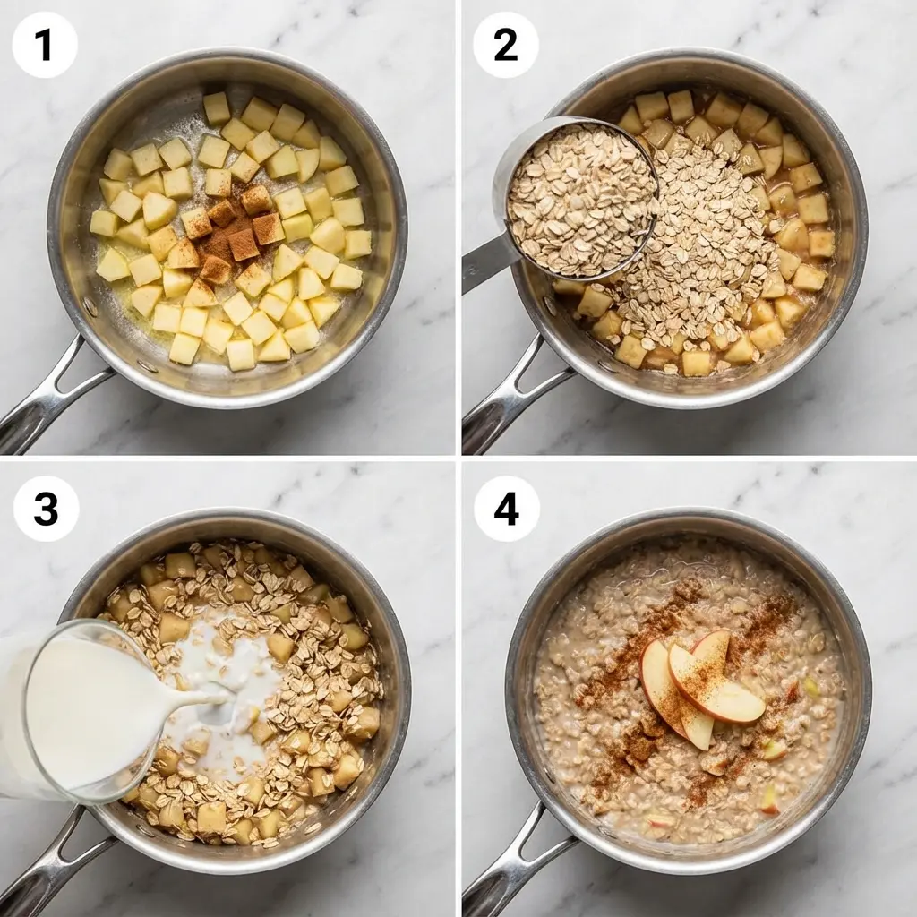 A four-panel image showing the steps to make apple cinnamon oatmeal: sautéing apples, toasting oats, adding milk, and the final cooked oatmeal.