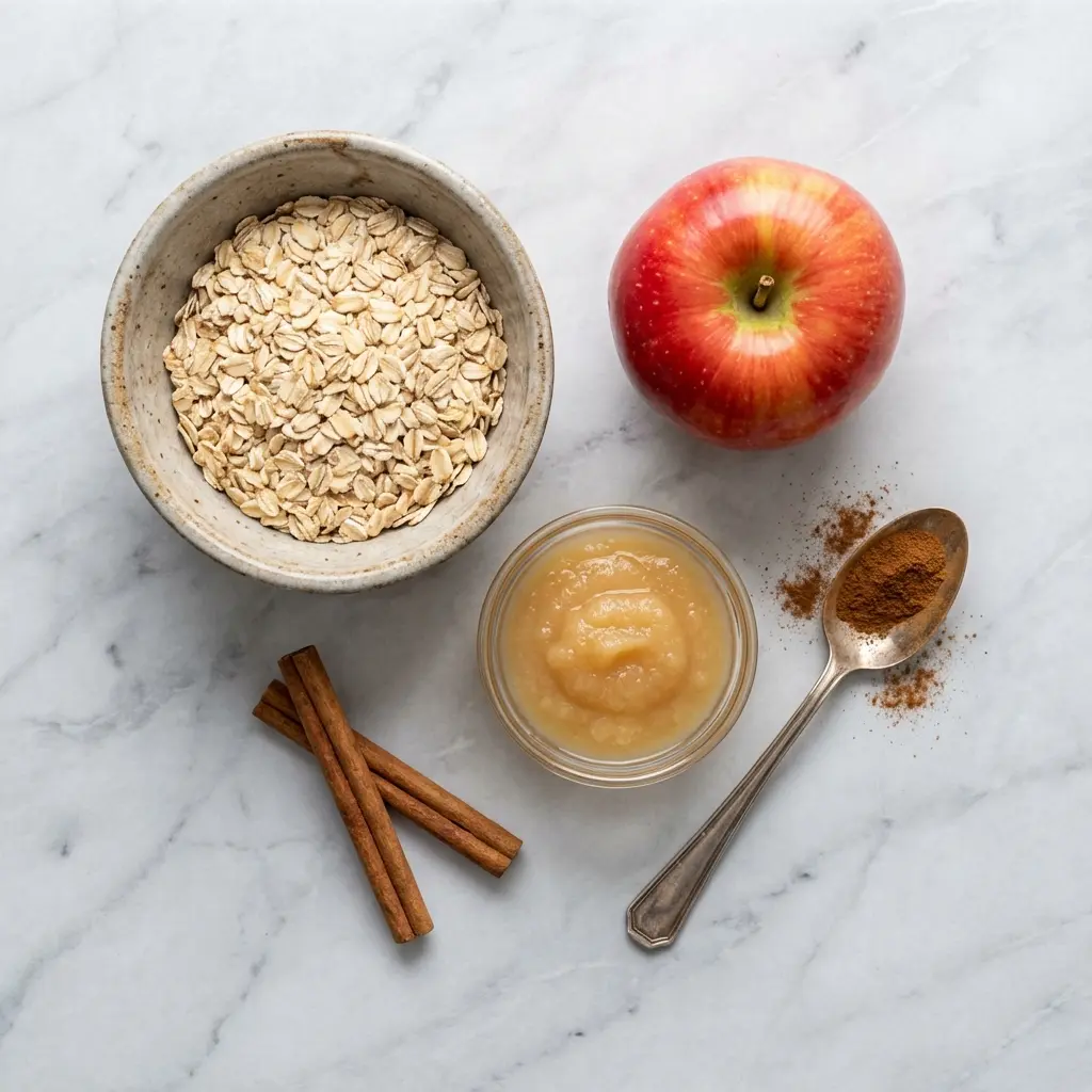 Apple Cinnamon Oatmeal Without Sugar (Naturally Sweetened!) 1 Ingredients for apple cinnamon oatmeal without sugar: rolled oats, a fresh apple, applesauce, and cinnamon sticks.