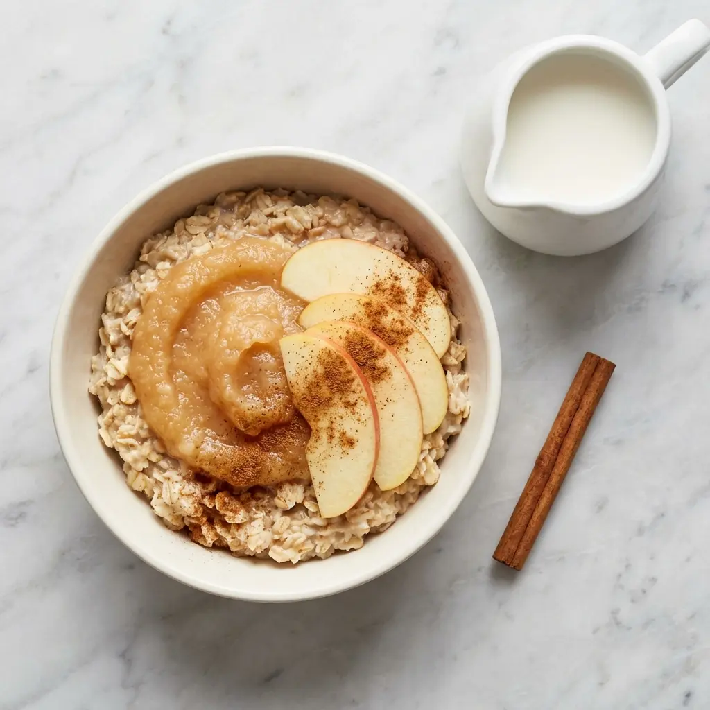 Apple Cinnamon Oatmeal Without Sugar (Naturally Sweetened!) 4 An overhead flat lay photo of a bowl of apple cinnamon oatmeal without sugar.
