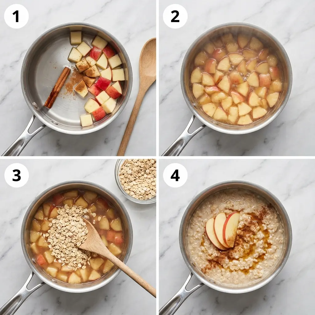 Apple Cinnamon Oatmeal Without Sugar (Naturally Sweetened!) 2 A four-panel image showing the steps to make apple cinnamon oatmeal on the stovetop.