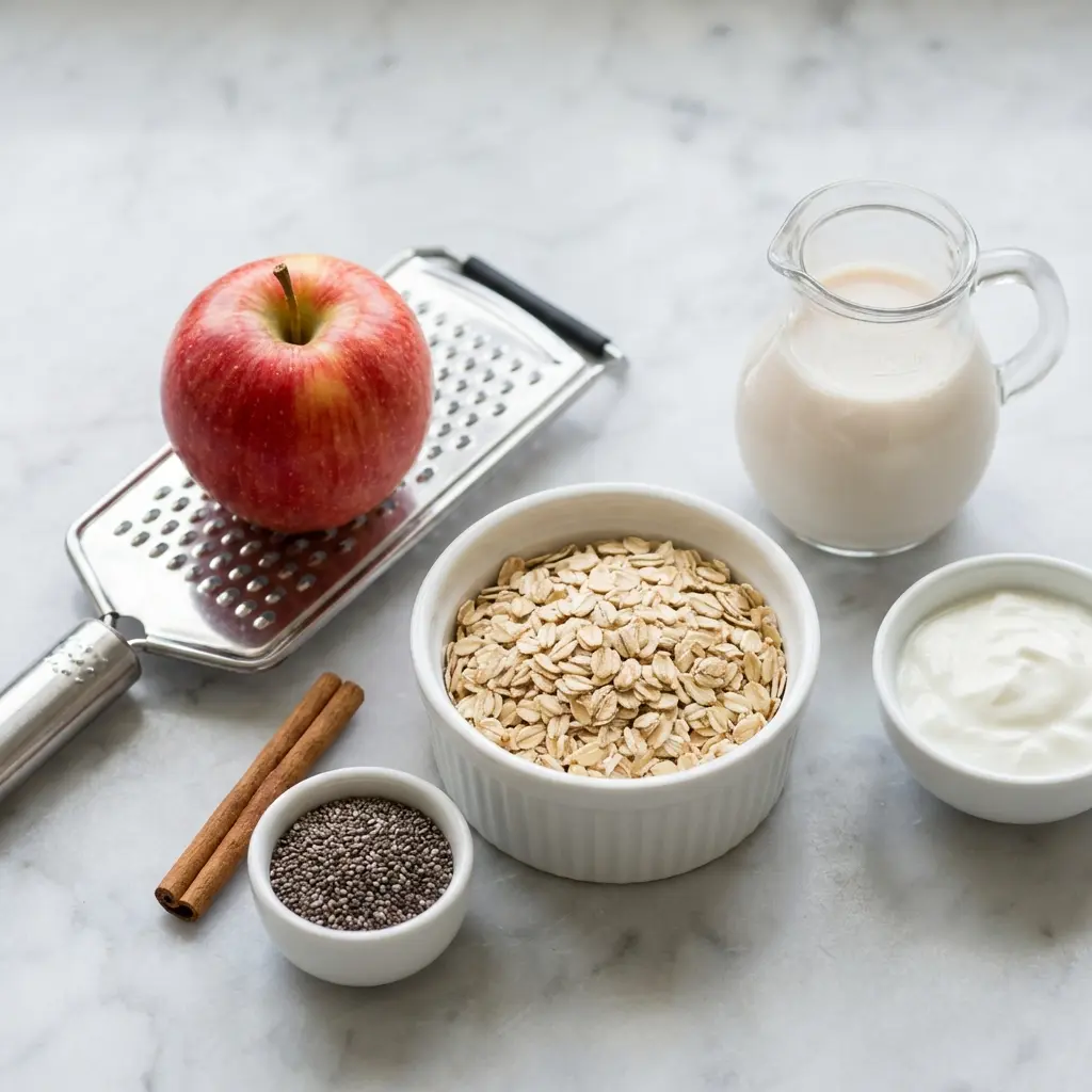 Apple Cinnamon Overnight Oats: The Easiest Healthy Breakfast 1 Ingredients for apple cinnamon overnight oats laid out on a marble surface, including oats, an apple, cinnamon, and milk.