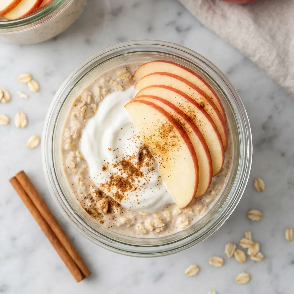 Apple Cinnamon Overnight Oats: The Easiest Healthy Breakfast 3 An overhead view of a jar of apple cinnamon overnight oats garnished with apple slices and cinnamon.