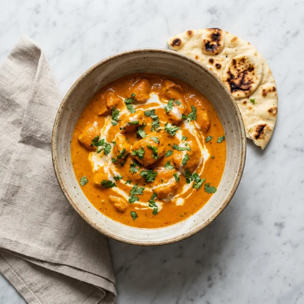 Chicken Tikka Masala with Coconut Milk (The Creamiest, Easiest Recipe) 3 Overhead view of a bowl of chicken tikka masala with coconut milk, served with naan bread.