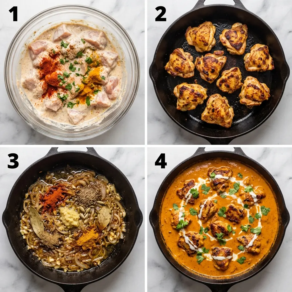 Chicken Tikka Masala with Coconut Milk (The Creamiest, Easiest Recipe) 2 A 4-panel image showing the steps to make chicken tikka masala with coconut milk.