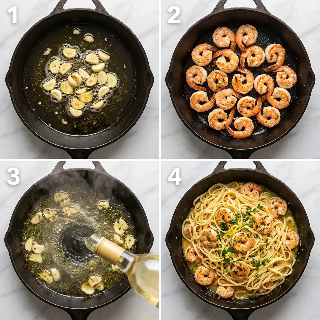 A 4-panel image showing the steps to make garlic butter shrimp linguine: sautéing garlic, cooking shrimp, adding wine, and tossing with pasta.