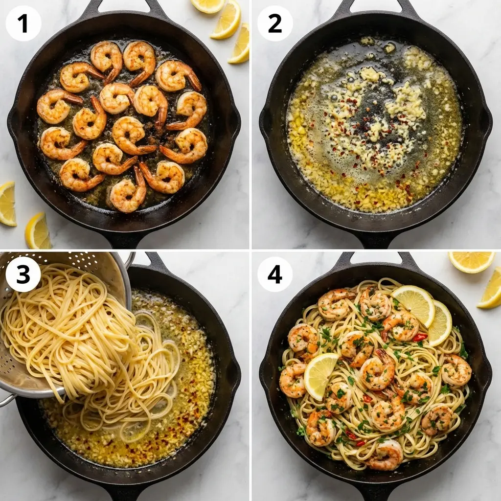 A four-panel image showing the steps to make garlic butter shrimp pasta: cooking shrimp, making the sauce, adding pasta, and tossing everything together.