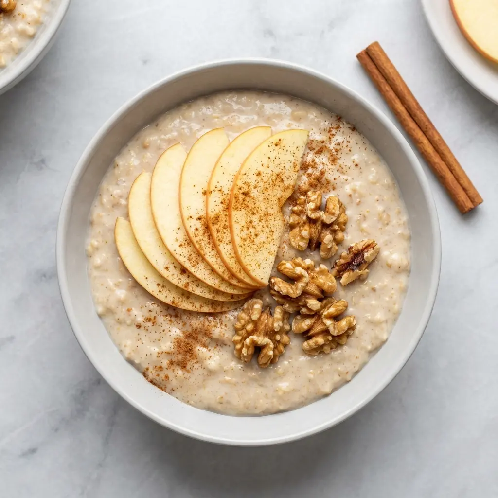 An overhead flat lay shot of a finished bowl of healthy apple cinnamon oatmeal.