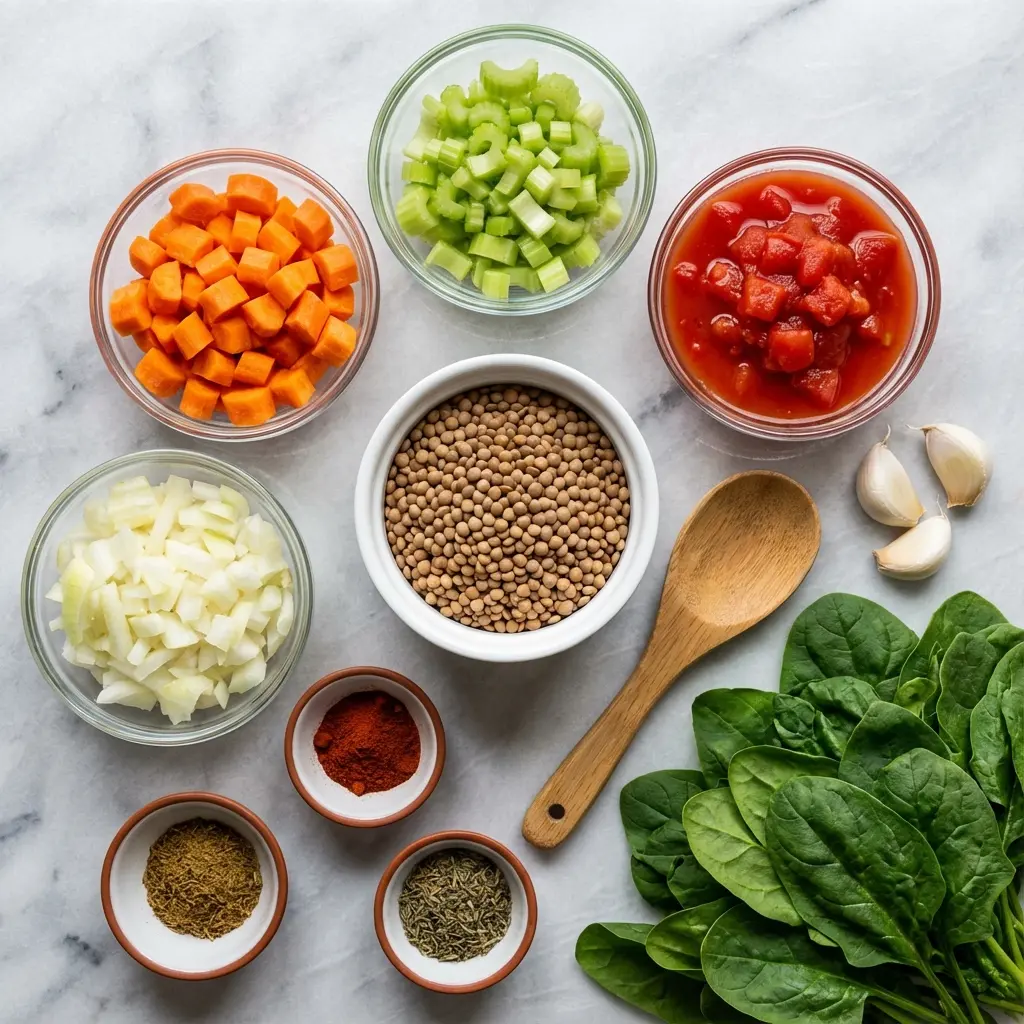 Overhead view of the raw ingredients for high protein lentil vegetable soup, including lentils, carrots, celery, onion, and spices.