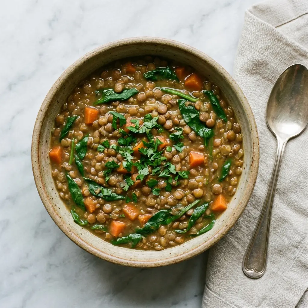 An overhead flat lay photo of a finished bowl of high protein lentil vegetable soup.