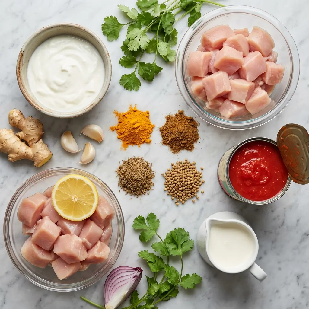 Ingredients for homemade chicken tikka masala, including chicken, yogurt, tomatoes, and spices, arranged on a marble surface.