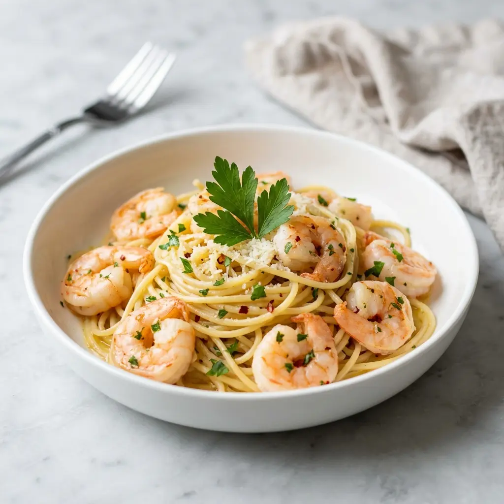 Lemon Garlic Butter Shrimp Pasta: Your New 20-Minute Favorite 4 A serving of lemon garlic butter shrimp pasta in a white bowl, garnished with fresh parsley.