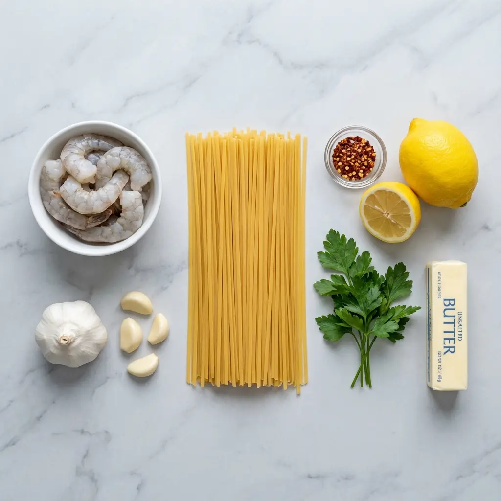 Lemon Garlic Butter Shrimp Pasta: Your New 20-Minute Favorite 1 Raw ingredients for lemon garlic butter shrimp pasta laid out on a marble surface.