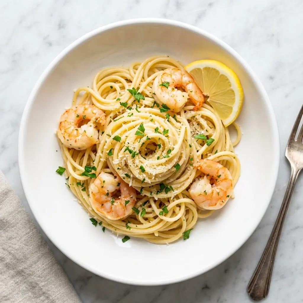 Lemon Garlic Butter Shrimp Pasta: Your New 20-Minute Favorite 3 An overhead shot of lemon garlic butter shrimp pasta in a white bowl.
