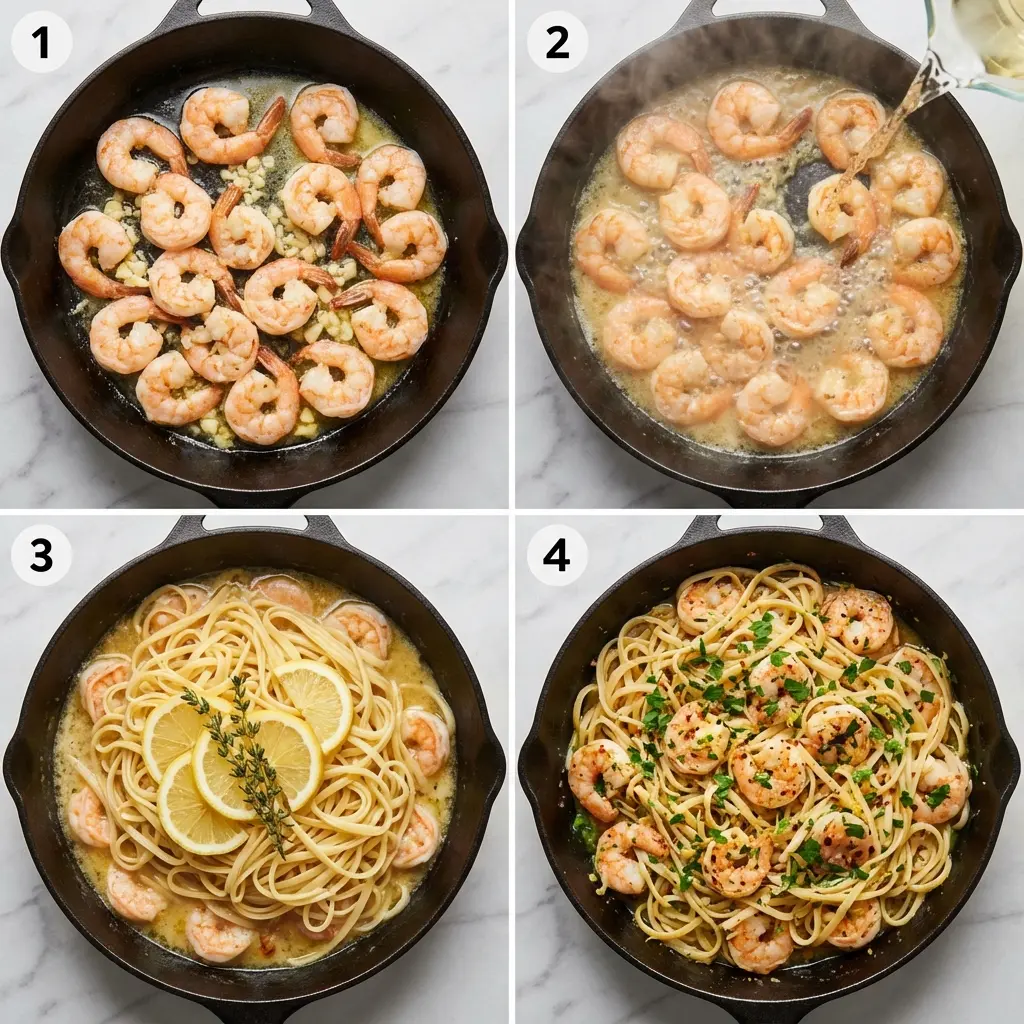 Lemon Garlic Butter Shrimp Pasta: Your New 20-Minute Favorite 2 A four-panel image showing the steps of making lemon garlic butter shrimp pasta.