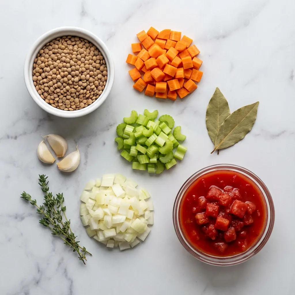 An overhead view of the raw ingredients for lentil vegetable soup, including lentils, carrots, celery, and onions.