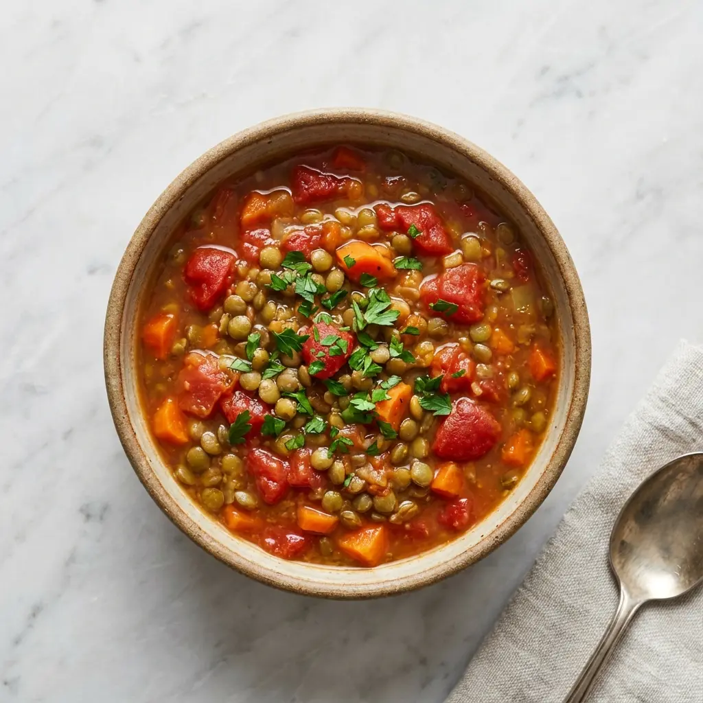 An overhead view of a bowl of homemade lentil vegetable soup with tomatoes.