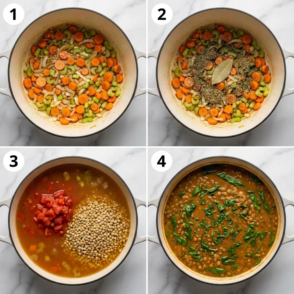 A four-panel image showing the steps to make lentil vegetable soup with tomatoes.