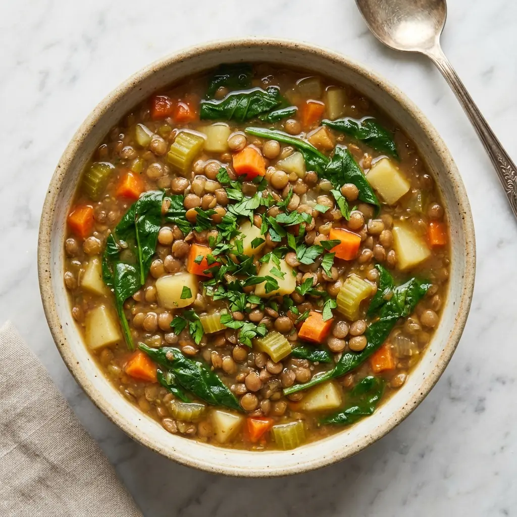 Slow Cooker Lentil Vegetable Soup: The Ultimate Comfort Recipe 3 An overhead flat lay photo of a bowl of lentil vegetable soup.