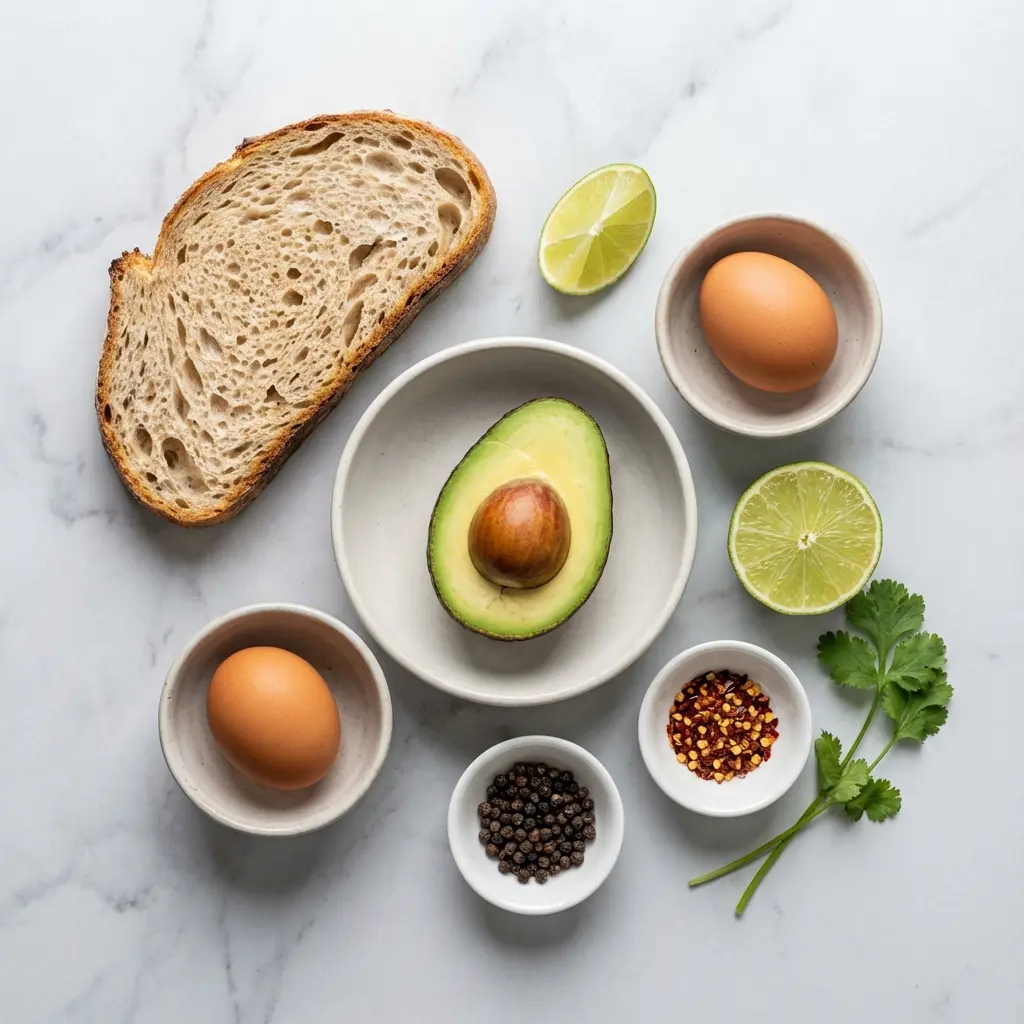 An overhead flat lay of the ingredients for avocado toast: sourdough, avocado, egg, lime, and seasonings.