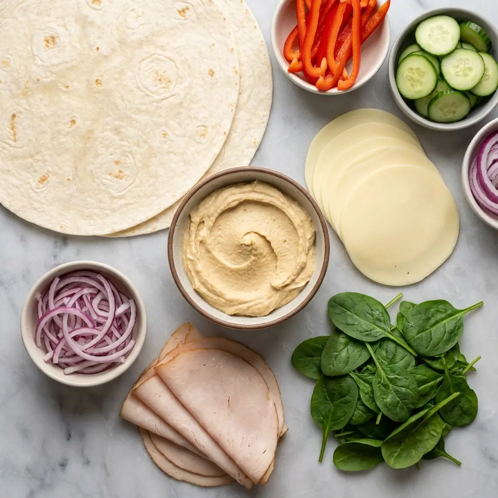 Turkey Hummus Wrap Meal Prep: The Ultimate No-Soggy Guide 1 Ingredients for turkey hummus wrap meal prep laid out on a marble surface.