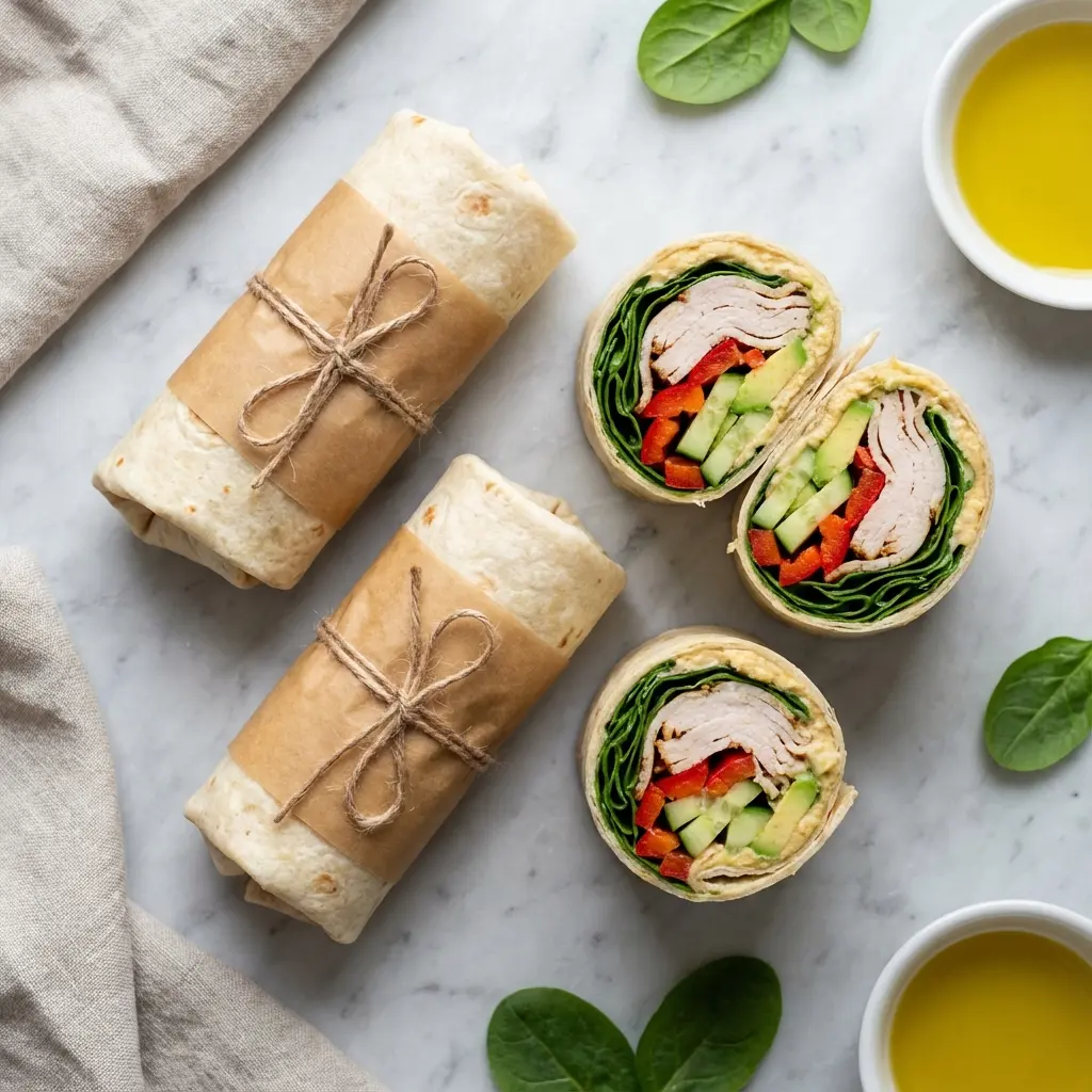 Turkey Hummus Wrap Meal Prep: The Ultimate No-Soggy Guide 4 An overhead flat lay of four prepared turkey hummus wraps, two sliced to show the inside.