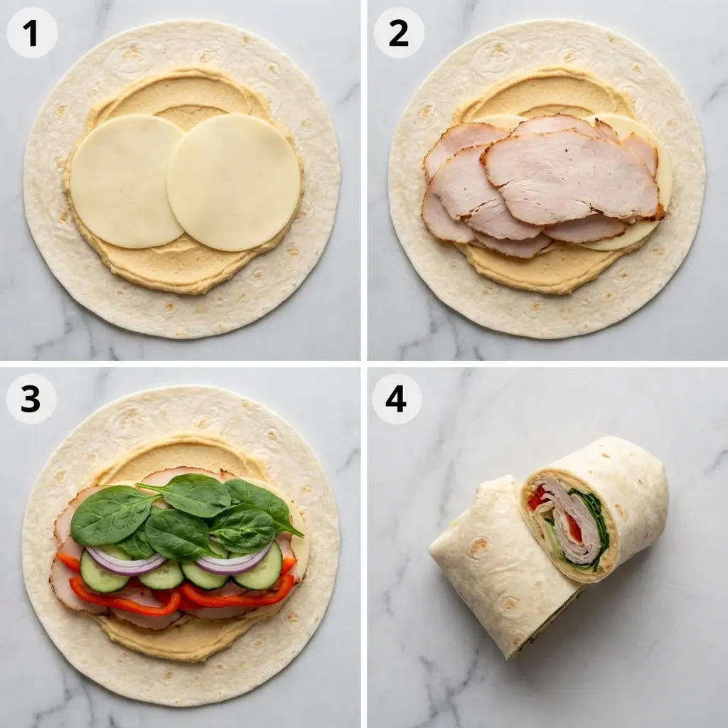 Turkey Hummus Wrap Meal Prep: The Ultimate No-Soggy Guide 2 A four-step visual guide showing how to assemble a no-soggy turkey hummus wrap for meal prep.