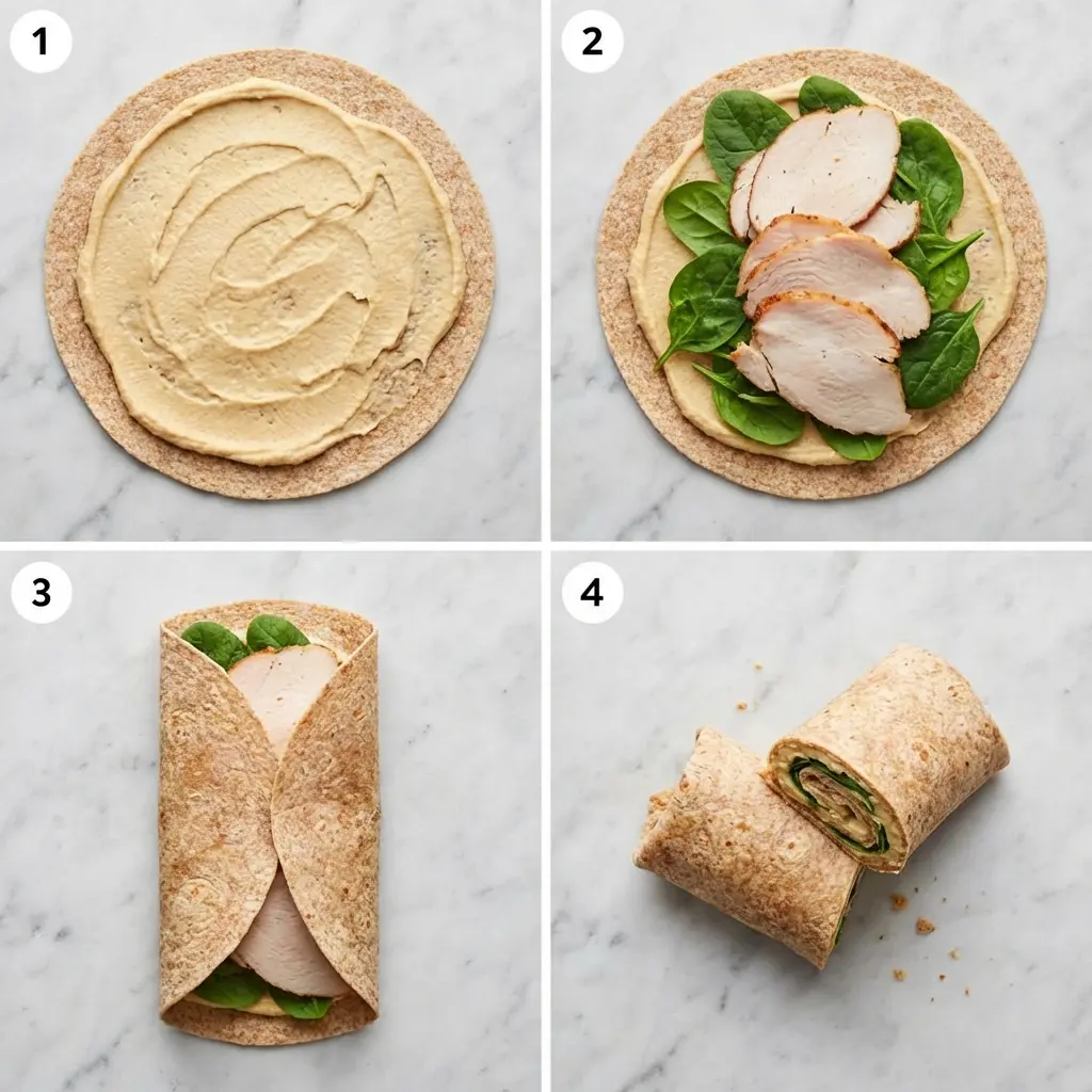 A four-step visual guide showing how to assemble a whole wheat turkey hummus wrap.