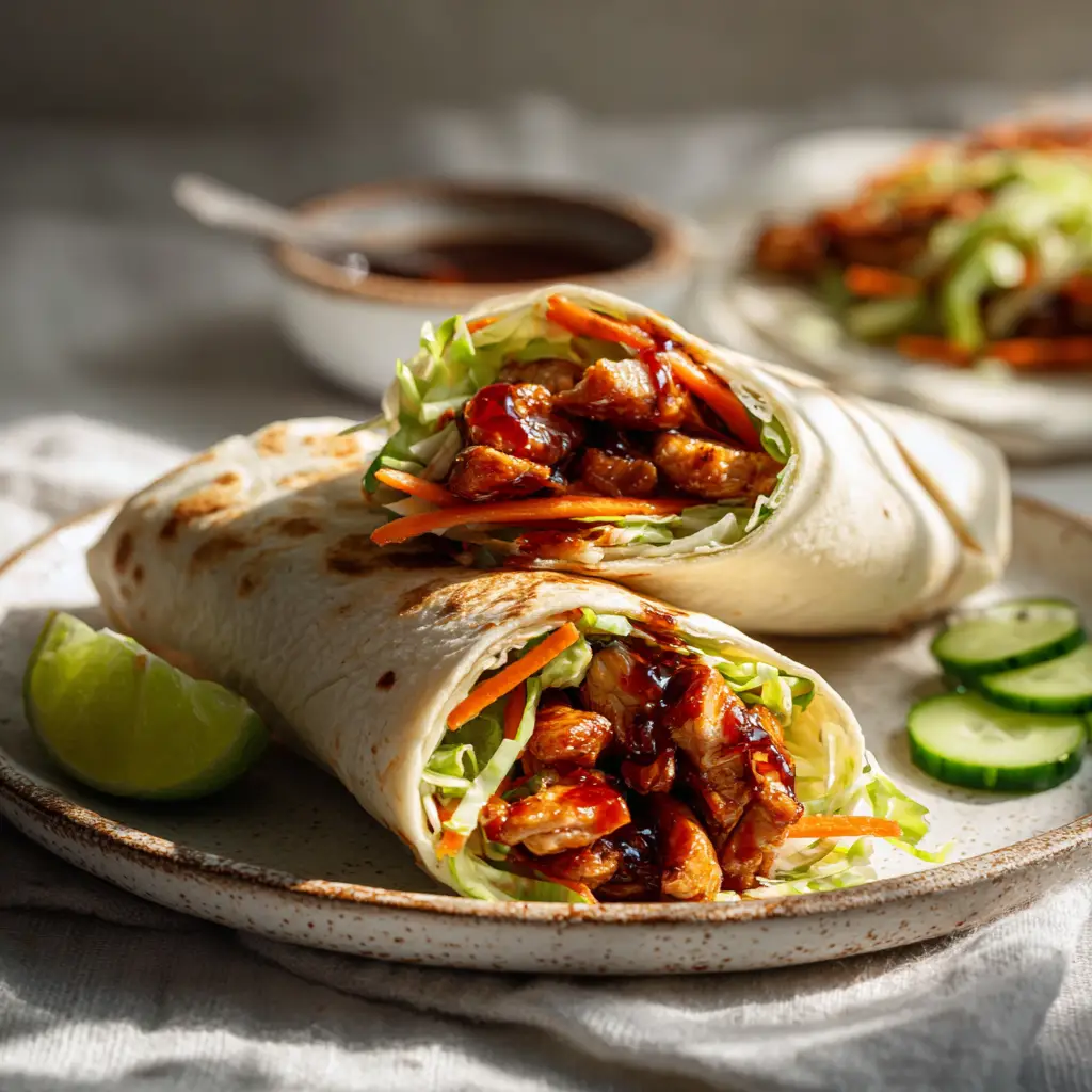 Sweet Chili Chicken Wraps: Crispy, Creamy & Quick 1 Assembling the sweet chili chicken wraps with freshly cooked crispy chicken, lettuce, and carrots on a soft flour tortilla.