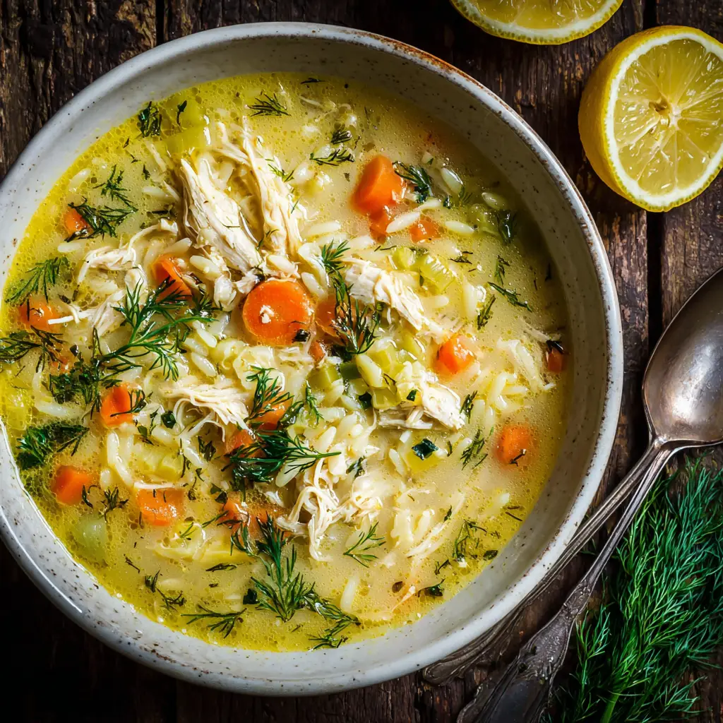 A rustic, hearty bowl of authentic Greek lemon chicken soup, garnished with fresh herbs and a slice of lemon.