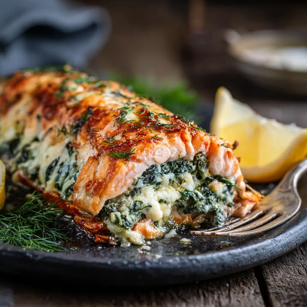 Another perspective of the delicious Baked Stuffed Salmon, ready to be served. The focus is on the golden-brown top of the salmon and filling.