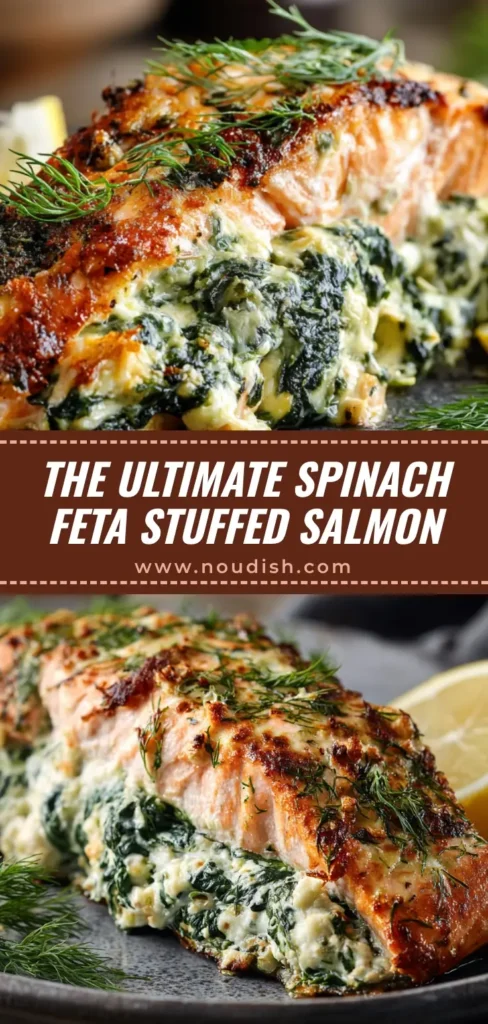 A beautiful photo of Baked Stuffed Salmon fresh from the oven, with a creamy spinach and cheese filling oozing out. The salmon is perfectly cooked and golden brown.