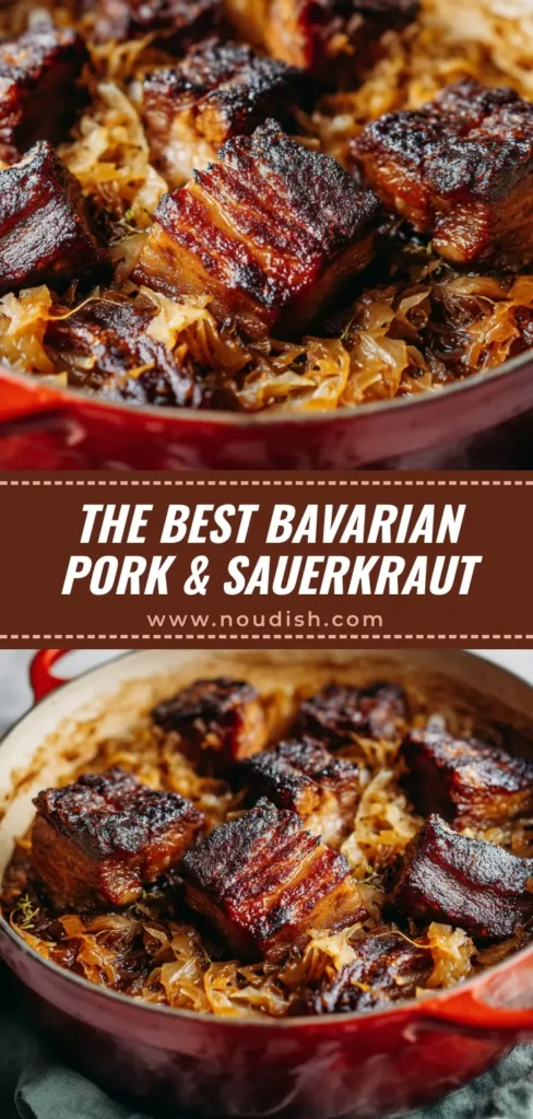 A delicious and authentic Bavarian Pork and Sauerkraut Recipe served in a rustic bowl, ready to be eaten. The tender pork and tangy sauerkraut create a perfect German comfort food meal.