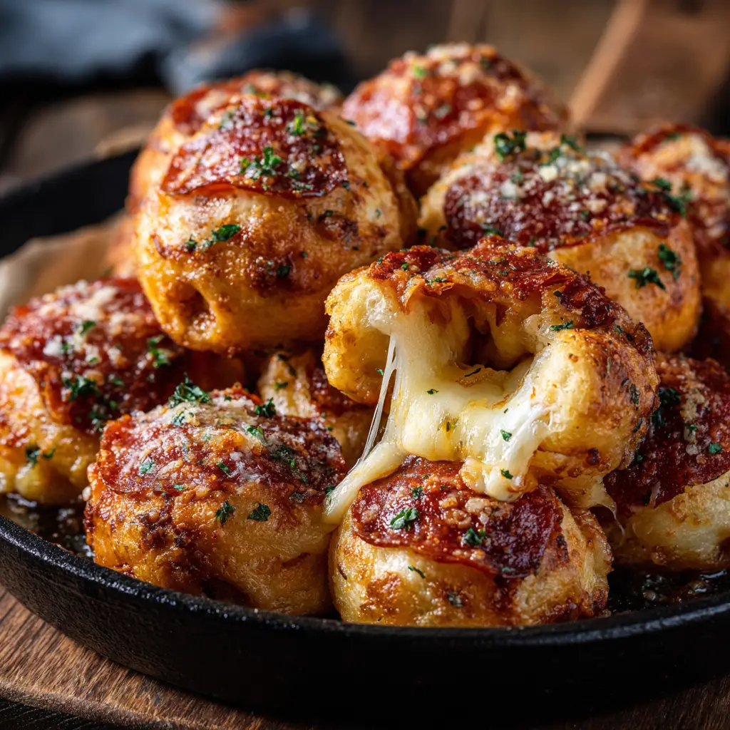 A close-up view of biscuit pizza bombs being brushed with garlic butter before baking.