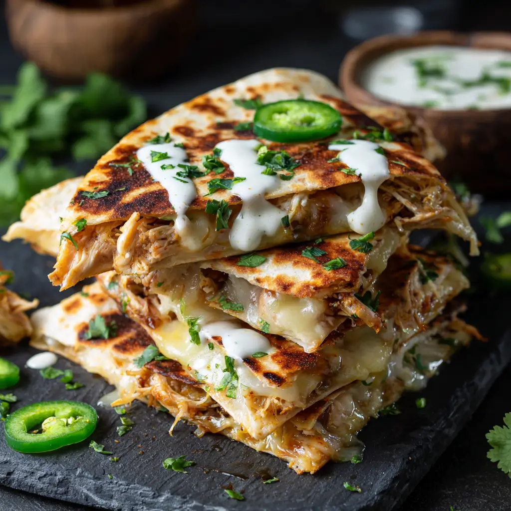 A close-up shot of a cheesy chicken quesadilla, with melted Monterey Jack and cheddar oozing from a crispy, golden tortilla.