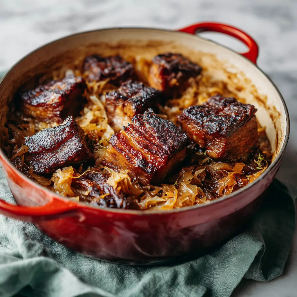 The process of making the Bavarian Pork and Sauerkraut Recipe, showing the seared pork and aromatics in a Dutch oven before simmering.