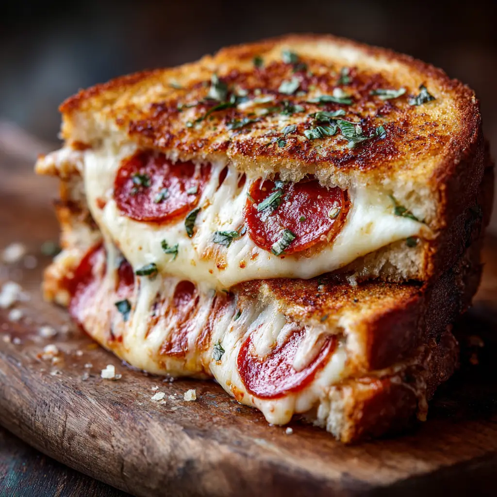 Pizza Grilled Cheese: The Ultimate 15-Minute Recipe 1 A cheesy pizza sandwich being cooked in a skillet to a perfect golden crisp.