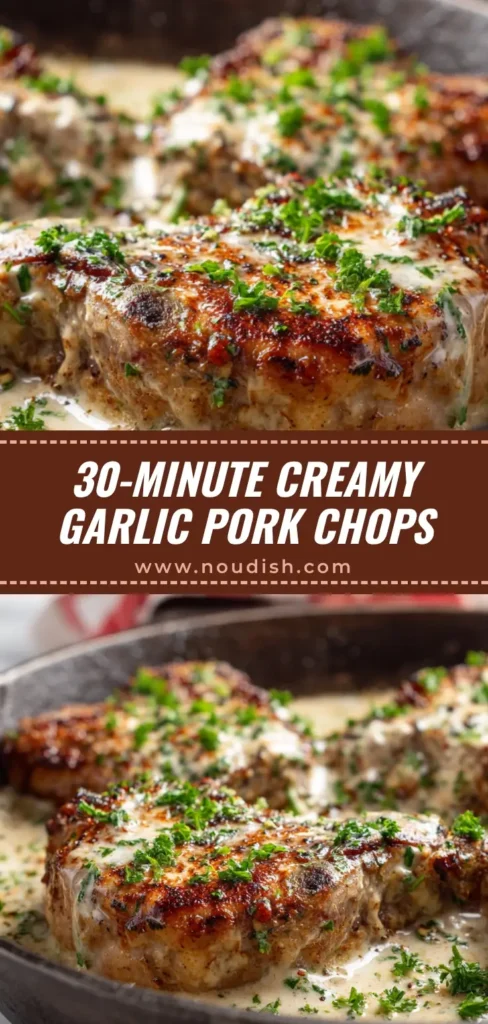 A skillet of creamy garlic pork chops, garnished with fresh parsley. The pork chops have a golden-brown sear and are covered in a rich, white cream sauce.