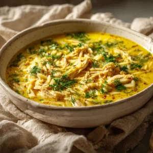 A close-up shot of a hearty bowl of creamy Avgolemono soup, showing the rich texture of the egg-lemon broth and pieces of shredded chicken and orzo.