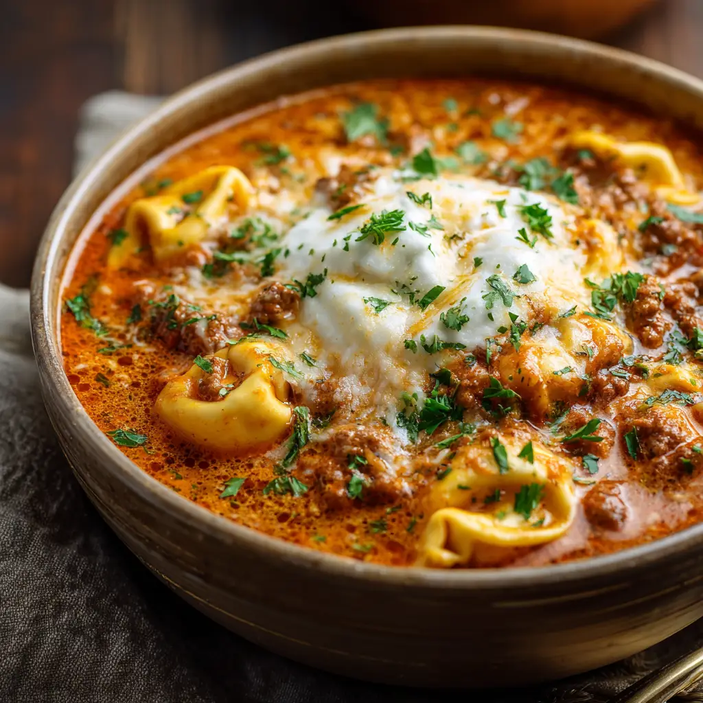 A macro shot of a creamy lasagna soup in a rustic bowl, showing the texture of the cheesy ricotta topping and rich tomato broth.