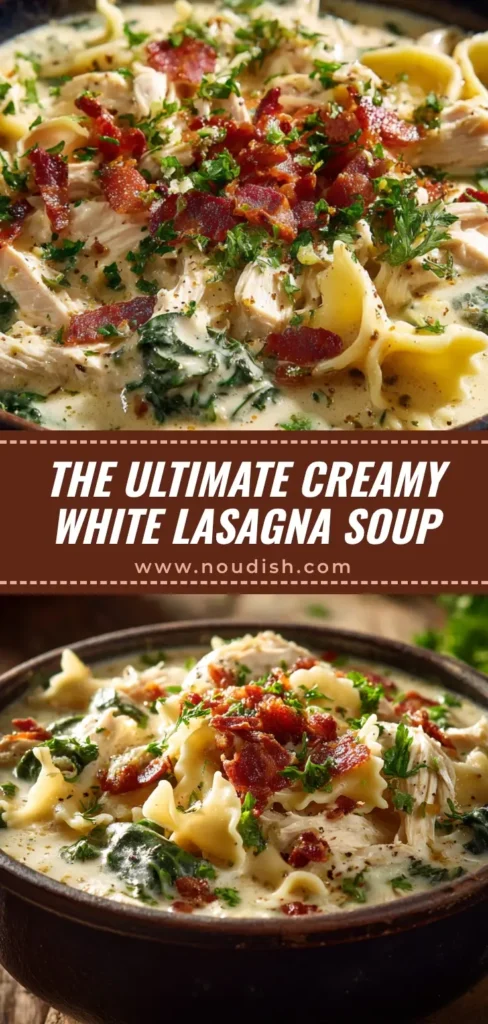 White Lasagna Soup: The Creamiest, Easiest Comfort Meal 3 A close-up overhead shot of a bowl of creamy white lasagna soup, garnished with fresh parsley and Parmesan cheese, with a spoon resting in the bowl.