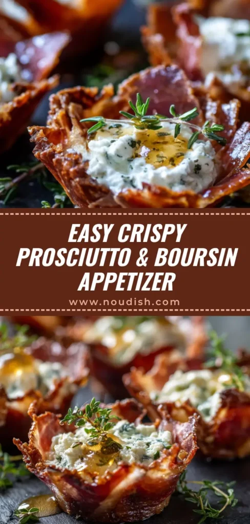 A shareable pin image for a Crispy Prosciutto Appetizer recipe, showing prosciutto cups filled with whipped ricotta and garnished with thyme.