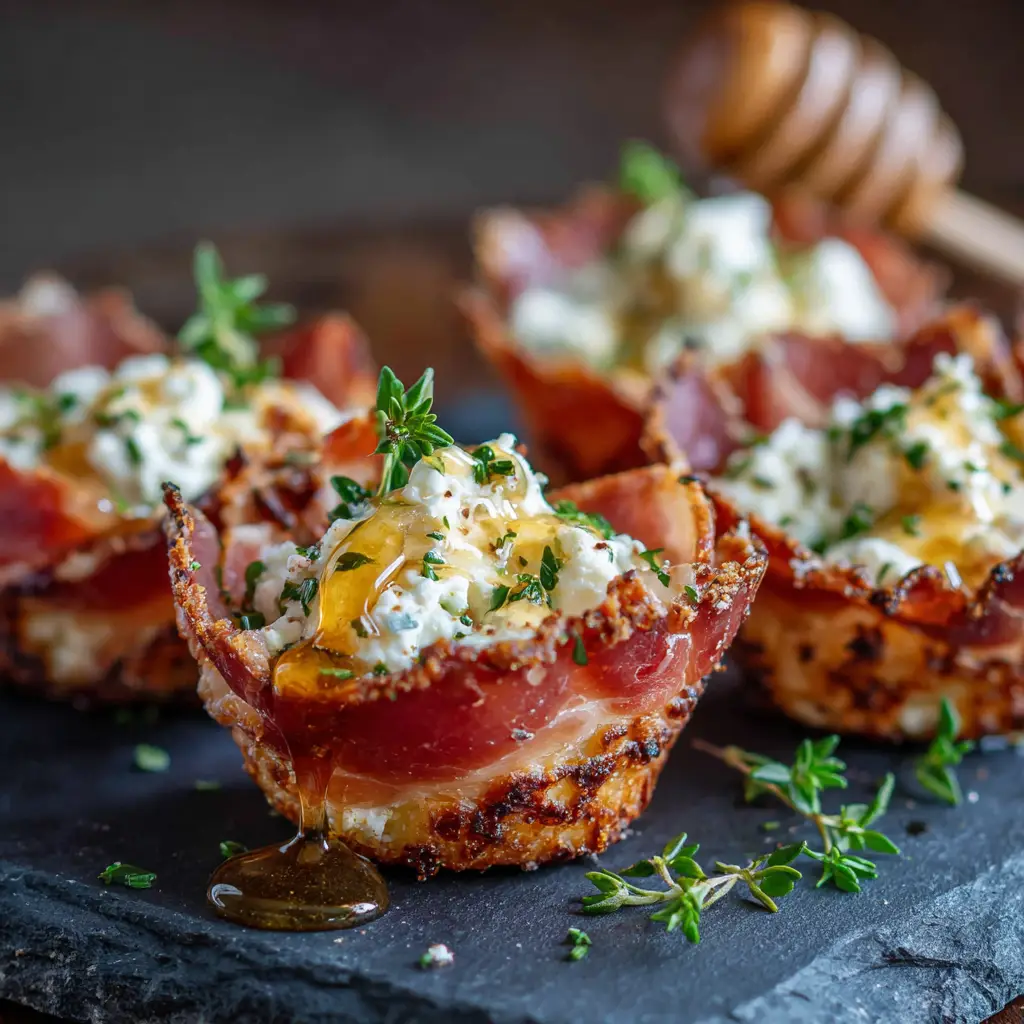 A close-up shot of crispy prosciutto cups filled with creamy whipped ricotta and honey. A perfect example of a simple, elegant crispy prosciutto appetizer.
