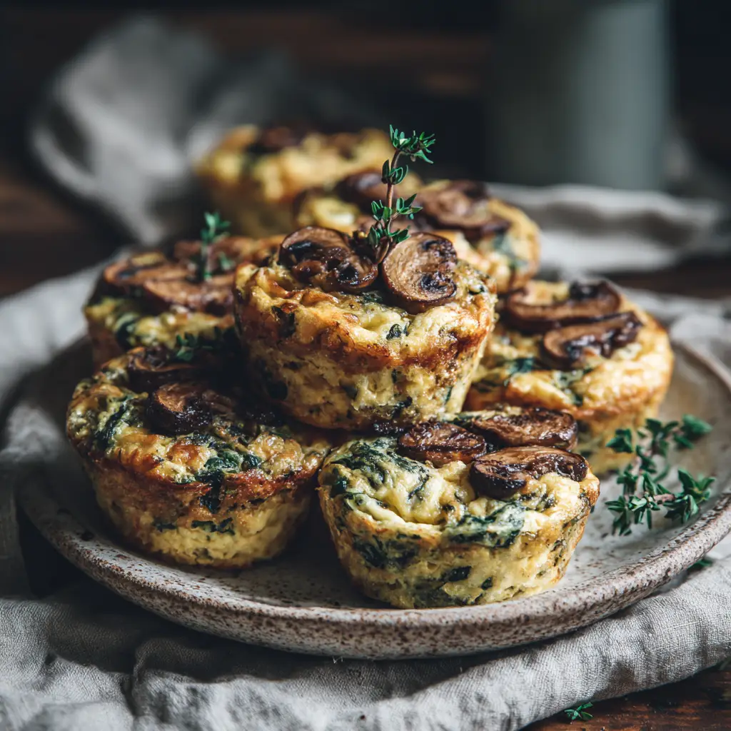 The key ingredients for crustless mini quiche, including fresh spinach, mushrooms, eggs, and cheese, arranged neatly on a kitchen counter.