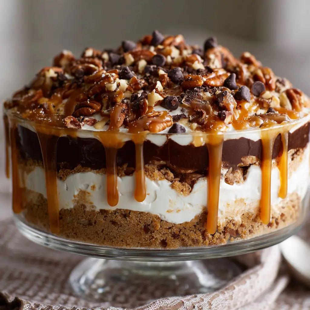 Turtle Lasagna Dessert (The Ultimate No-Bake Recipe!) 1 A beautiful shot of the finished Turtle Lasagna Dessert in a baking dish, drizzled with caramel and chocolate sauce and topped with pecans.