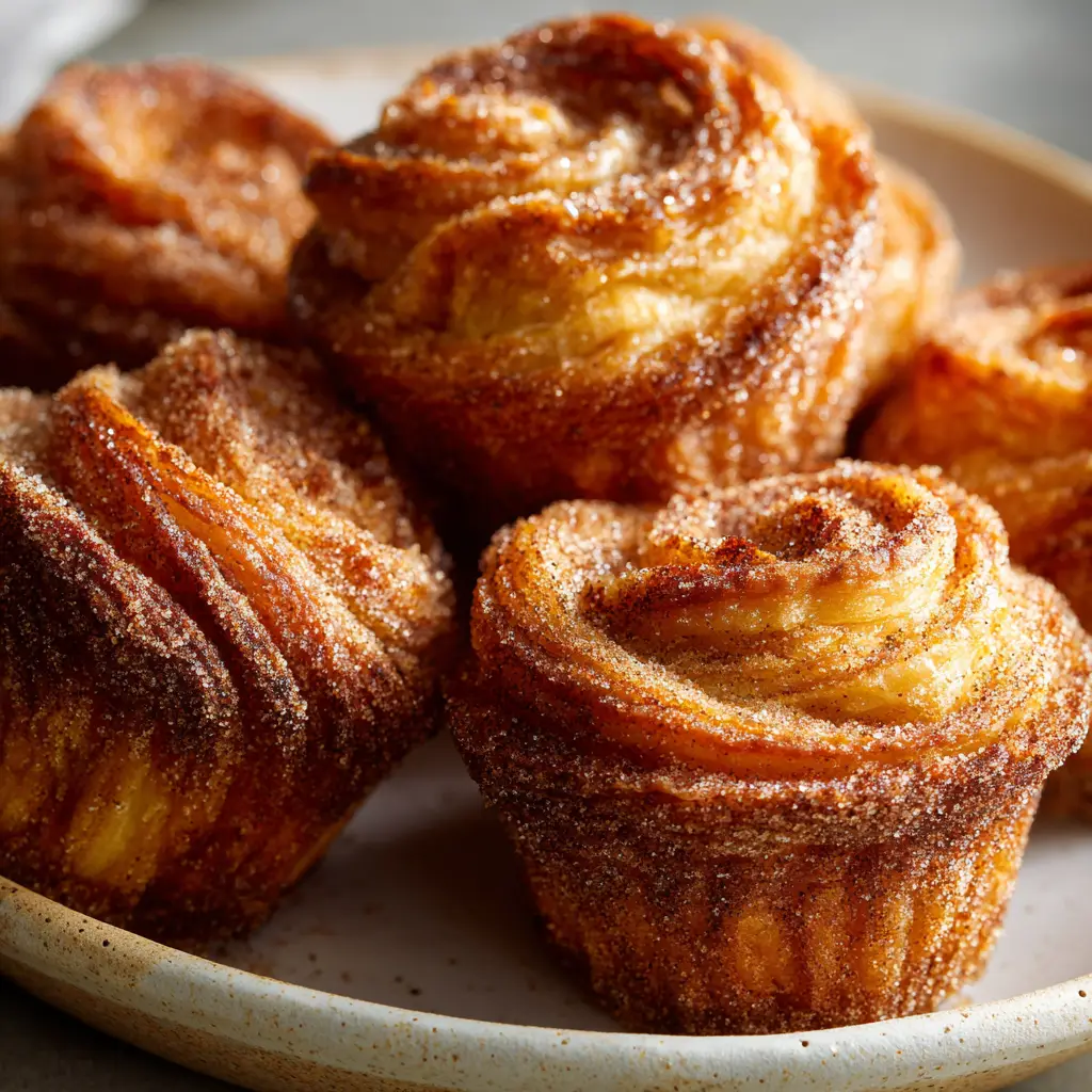 Churro Cruffins: The Ultimate Guide to Crispy, Fluffy Perfection 2 A close-up shot of several Churro Cruffins on a wire rack, showcasing their beautiful swirled tops and cinnamon-sugar coating.