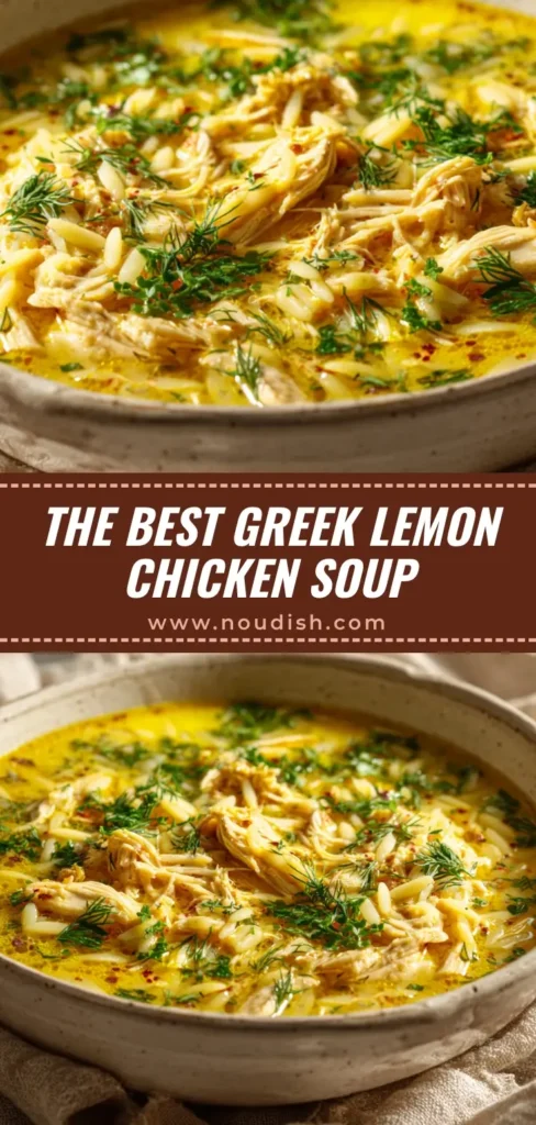 A large white bowl filled with creamy Greek Lemon Chicken Soup (Avgolemono), garnished with fresh dill. A lemon wedge sits on the side.
