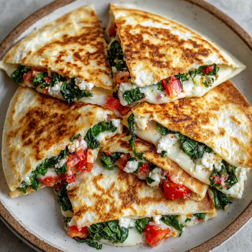 A Greek quesadilla filled with spinach and feta cheese, being cooked to a perfect golden-brown in a skillet.