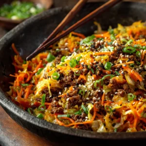 A healthy ground beef and cabbage stir fry being cooked in a large black skillet, showing the colorful mix of ingredients.