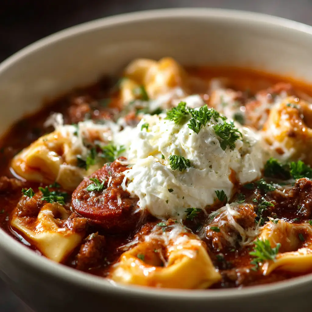 A spoonful of hearty lasagna soup, highlighting the Mafalda pasta noodles, savory meat, and rich broth in this easy recipe.